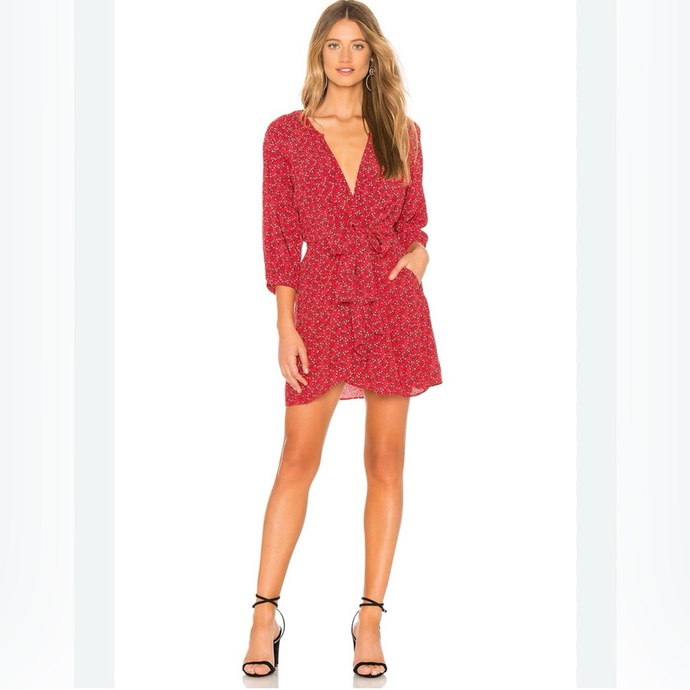 Free People Red Mini Dress  Long sleeves V Neck Pockets  SZ S  EUC